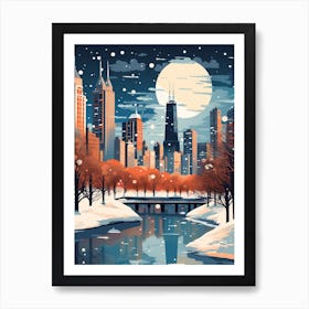 Winter Travel Night Illustration Chicago Usa 4 Art Print