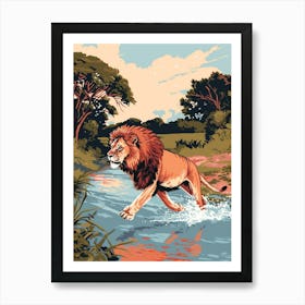 African Lion Crossing A River Illustration 3 Art Print