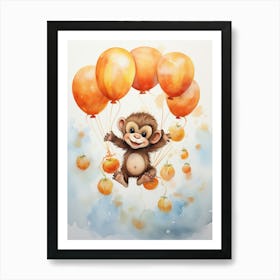 Monkey Flying With Autumn Fall Pumpkins And Balloons Watercolour Nursery 2 Art Print
