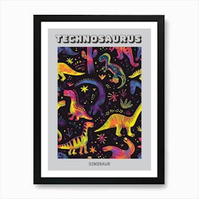 Dinosaur Neon Pattern Black Background Poster Art Print