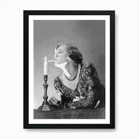 Woman Lighting a Cigarette With A Candle, Black and White Old Photo, Vintage Woman Portrait Art Print