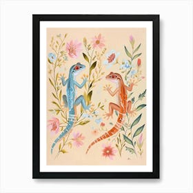 Folksy Floral Animal Drawing Gecko Art Print