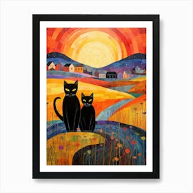 Cats In The Field With A Medieval Village In The Background 5 Art Print