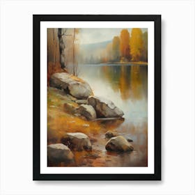 Autumn Lake,Forest Lake, Vintage Oil Painting, Farmhouse Wall Decorations, Antique Landscape, Vintage Landscape Oil Painting.1 Art Print