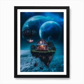 Rock Floating Wood House In Space Art Print