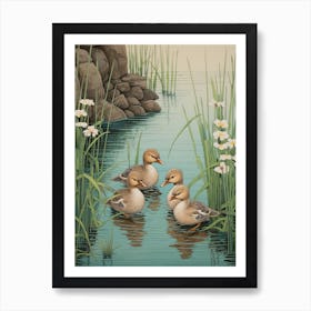 Ducklings In The River Japanese Woodblock Style 3 Art Print
