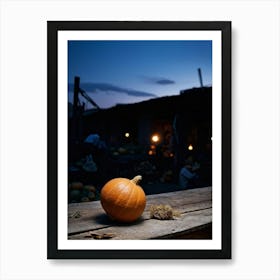 A Gourd Carefully Resting On A Weathered Wooden Table Settingfootprint In The Cement Market Under (2) Poster