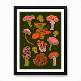 Texas Mushrooms   Bright Multicolor On Green Art Print