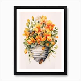 Beehive With Freesia Watercolour Illustration 3 Art Print