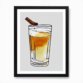 Hot Buttered Rum Minimal Line Drawing With Watercolour Cocktail Poster Art Print
