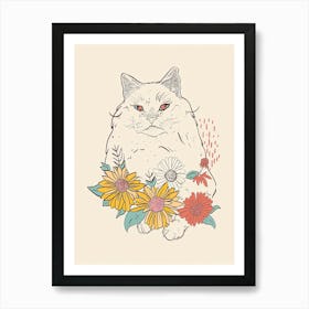Cute Ragdoll Cat With Flowers Illustration 3 Art Print