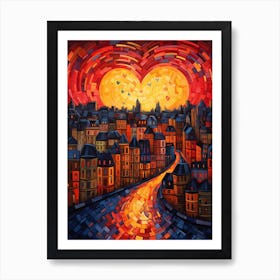 Geometric Lines Heart Sunset Over A European Town Art Print