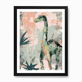 Dinosaur & Leaves Pastel Painting Art Print