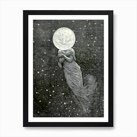 Around the Moon - Vintage Emile Bayard 1870 - Engraving for Jules Vernes Book Full Moon Witchy Fairytale Pagan Woman With Face on the Moon Witch Witchcraft Victorian Famous Art Print