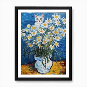 Still Life Of Daisies With A Cat 4 Art Print