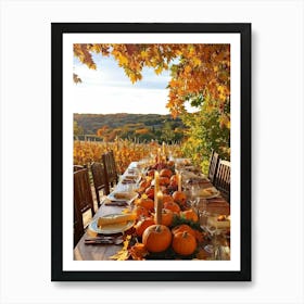 An Autumnal Thanksgiving Dinner Setting Where The Wooden Table Basks Under Golden Afternoon Sun A (3) Art Print