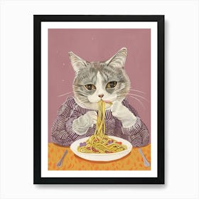 Cute Grey White Cat Eating Pasta Folk Illustration 3 Art Print