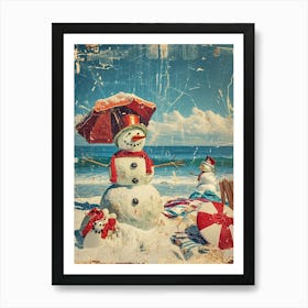 Retro Kitsch Snowmen On The Beach 2 Art Print