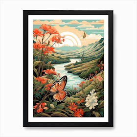 Butterflies By The River Japanese Style Painting 4 Art Print