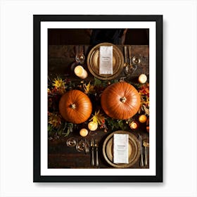 Autumnal Thanksgiving Table Setting Centering An Organic Pumpkin Surrounded By A Bounty Of Golden (5) Art Print