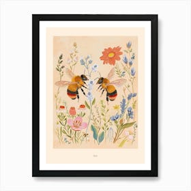 Folksy Floral Animal Drawing Bee 3 Poster Art Print