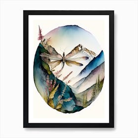 Dragonfly Flying Across Mountains Watercolour Ink Pencil 1 Art Print