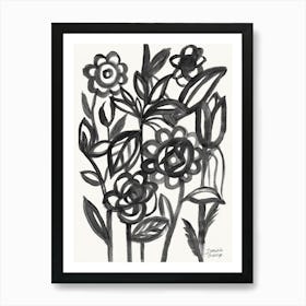 Abstract Linear Floral Black Art Print