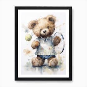 Tennis Teddy Bear Painting Watercolour 1 Art Print