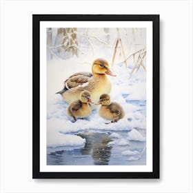 Ducklings & Mother In The Snow Watercolour  2 Art Print