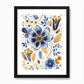 Blue And Gold Floral Print 1 Art Print