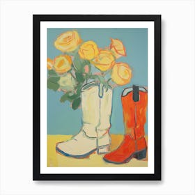 Painting Of Yellow Flowers And Cowboy Boots, Oil Style 14 Art Print