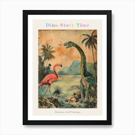 Vintage Flamingo & Dinosaur Illustration Poster Art Print