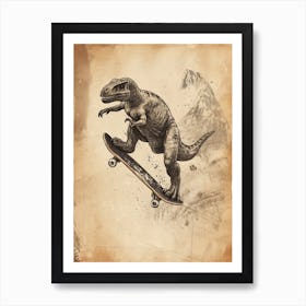 Vintage Therizinosaurus Dinosaur On A Skateboard 1 Art Print