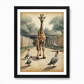 Giraffe And Chickens Art Print