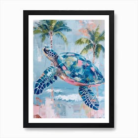 Pastel Blue Sea Turtle With Palm Trees Art Print