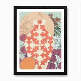 Abstract Still Life Collage Vase with Dahlias and Citrus, Tangerine, Plum, and Ivory No.372024-03 Art Print