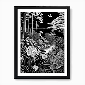 Coastal Maine Botanical Gardens, Usa Linocut Black And White Vintage Art Print