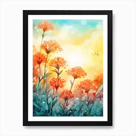 Butterfly Weed Wildflower With Sunset In Watercolor Style (1) Art Print