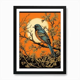 Bird On Tree Linocut Style 3 Art Print