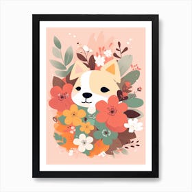 Dog And Flowers Kawaii Illustration 4 Art Print