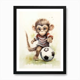 Monkey Painting Playing Soccer Watercolour 4 Art Print