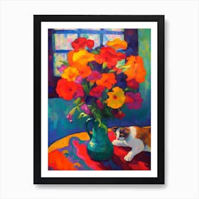 Snapdragon With A Cat 4 Fauvist Style Painting Art Print