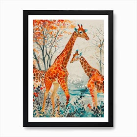 Giraffe & Calf In The Leaves Orange Tones Art Print