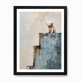 Bichon Frise Dog, Painting In Light Teal And Brown 1 Art Print