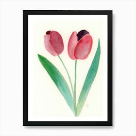 Two Tulips - minimalist minimalism watercolor floral flowers red green Art Print