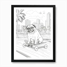 Pug Dog Skateboarding Line Art 3 Art Print