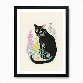 Cute Black Cat With Flowers Illustration 4 Art Print