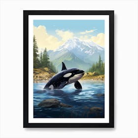 Realistic Painting Style Of Orca Whale Diving Out Of Water Art Print