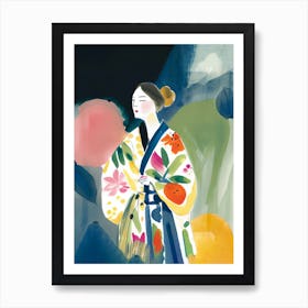 Girl With A Big Kimono And Flowers Watercolour Art Print