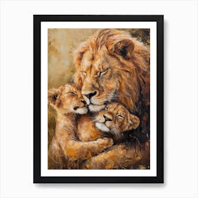 African Lion Family Bonding Acrylic Painting 3 Art Print